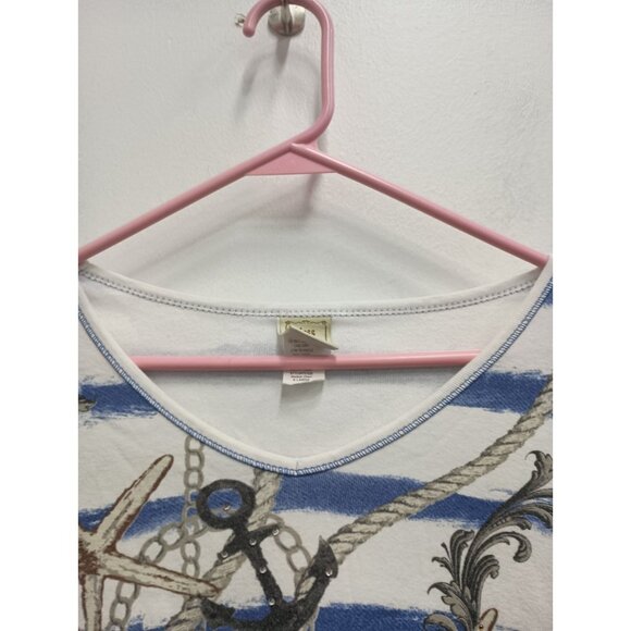 Jess And Jane Womens Top XL Blue White Striped Anchor Embellished Nautical - Picture 3 of 7